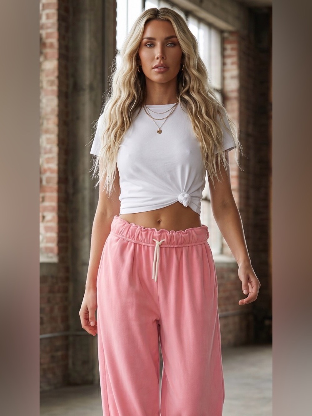 NWT Fold Over Waist Wide Leg Sweatpant Taffy Pink - Picture 4 of 13
